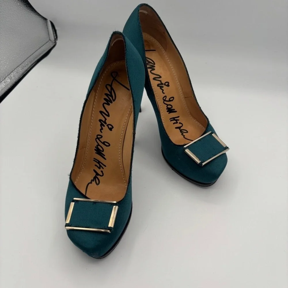 Lanvin Platform Pumps Women Sz 39 Teal Satin Buckle Stiletto Heel Luxury